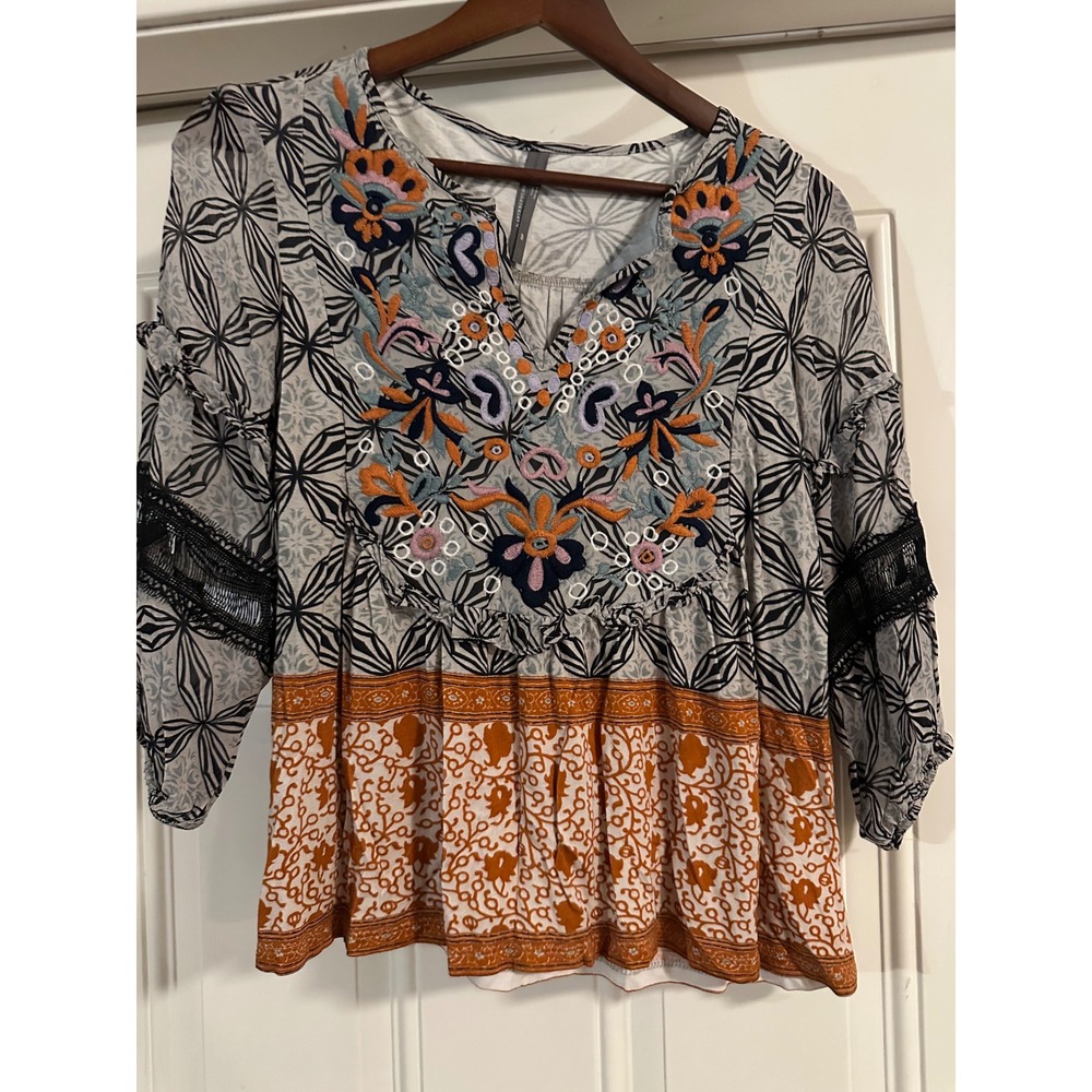 Anthropologie Embroidered Boho Peasant Top Blouse Floral Mixed Print XSP
